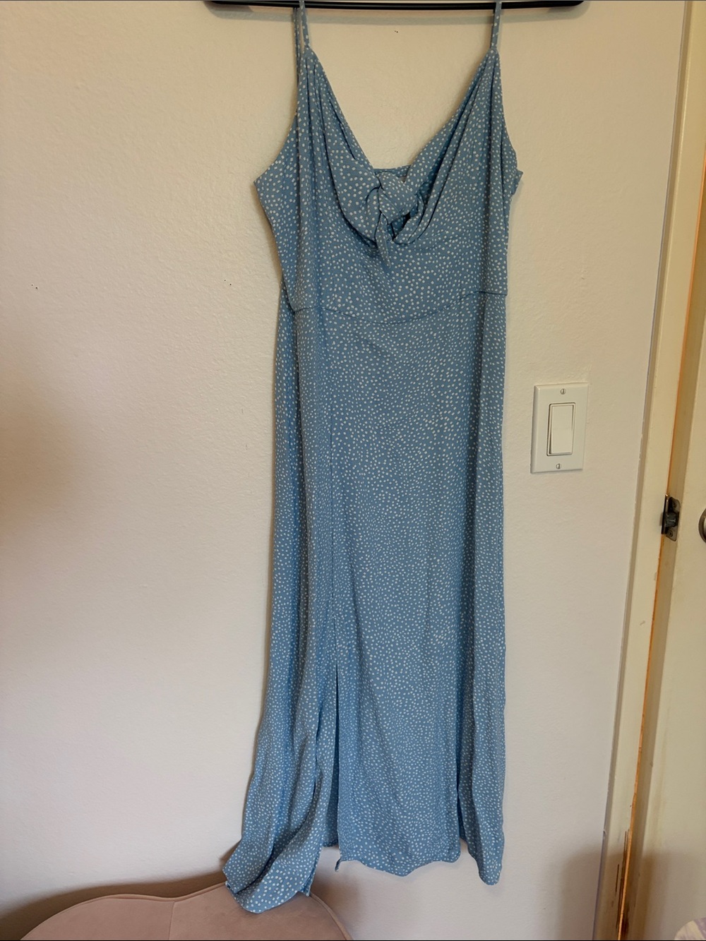 Light Blue Polka Dot Slip Dress with Cowl Neck